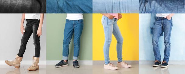 Стильные дети в джинсовой одежде на цветном фоне - Фото, изображение