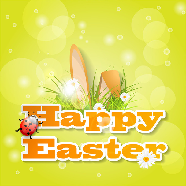 Words Happy Easter with fresh grass, ears of bunny and a ladybug - Wektor, obraz