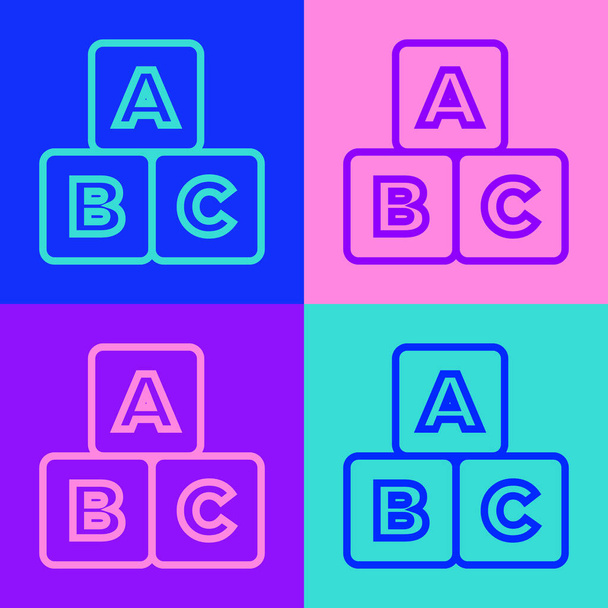 Pop-Art-Linie ABC blockiert Icon isoliert auf farbigem Hintergrund. Alphabetwürfel mit den Buchstaben A, B, C. Vektor. - Vektor, Bild