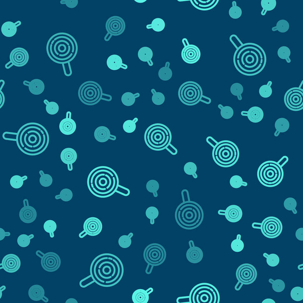 Groene lijn Lollipop pictogram geïsoleerd naadloos patroon op blauwe achtergrond. Snoepjesteken. Eten, heerlijk symbool. Vector. - Vector, afbeelding