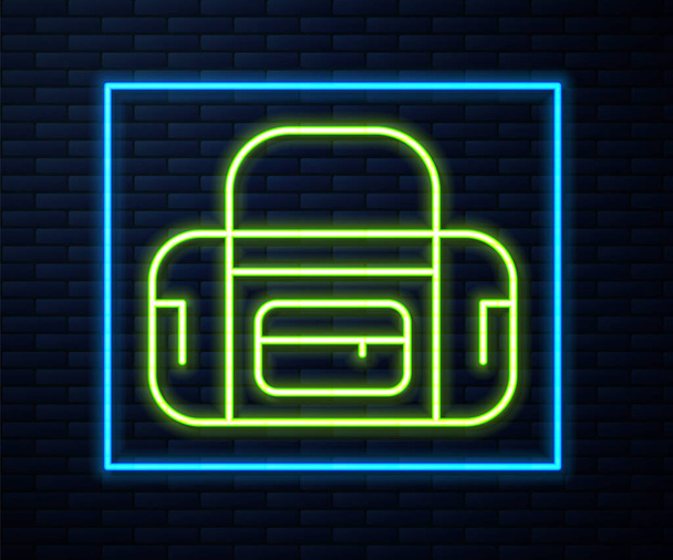 Leuchtende Neon-Linie Sport Tasche Symbol isoliert auf Backsteinwand Hintergrund. Vektor. - Vektor, Bild