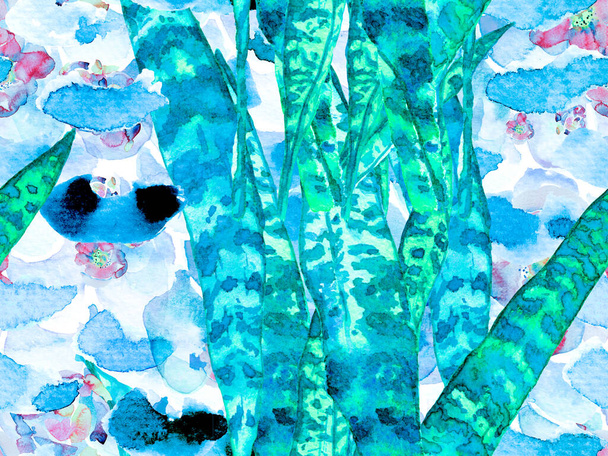 Aquarelle dessinée à la main motif exotique sans couture avec feuilles et fleurs. - Photo, image