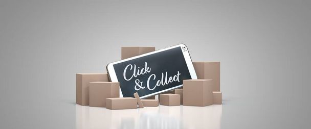 phone with cardboard and click and collect inscription 3D rendering - Photo, Image
