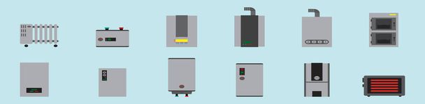 Ev elektrikli ısıtıcı. Modern karikatür ikonu tasarım şablonu ve çeşitli modeller. Mavi arkaplanda izole edilmiş vektör illüstrasyonu - Vektör, Görsel