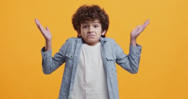 Tietämätön hämmentynyt pieni poika kohauttaa olkapäitään ja pudistaa päätään ei, ilmaista epävarmuutta - Materiaali, video