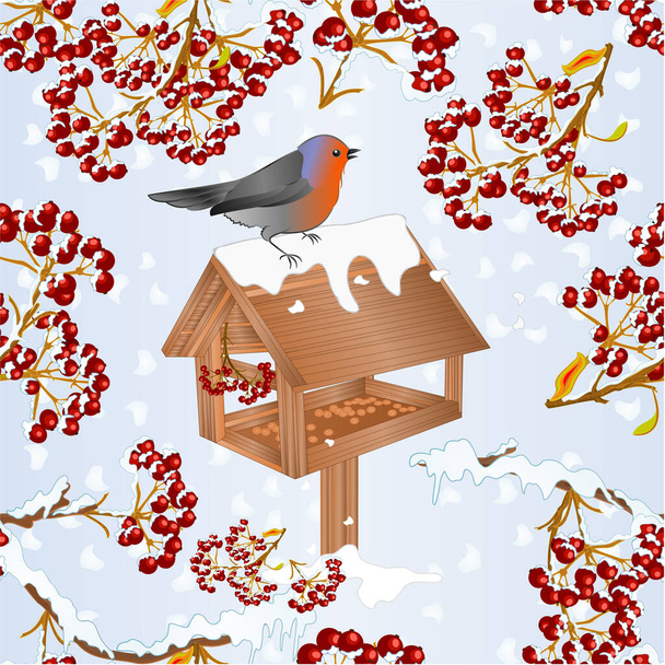 Seamless texture  landscape  with snow and robin bird with feeder and rowan berry christmas theme natural background vintage vector illustration editable hand draw - Vector, Image