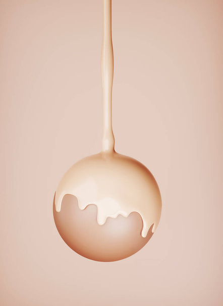 3D foundation liquid poured on brown ball. Beauty Cosmetic cream dripping down on pastel beige background. Fluid drop splash. Abstract, minimal 3D render illustration. with copy space.  - Foto, afbeelding