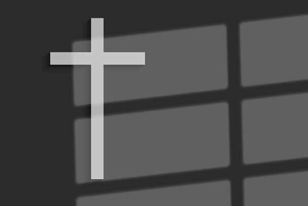 Cruz blanca cristiana en el fondo de la pared con luz de ventana y sombra. ilustración vectorial. - Vector, Imagen