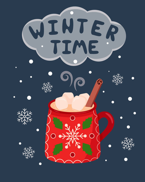 Kartka okolicznościowa ze zdjęciem kolorowego kubka w świątecznym stylu. Przytulny czas zimowy - Wektor, obraz