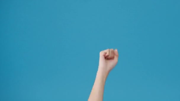 Молодая женщина, показывающая сжатый кулак ладонью и стучащая на синем фоне в студии. Копировать место для размещения текста, сообщение для рекламы. Рекламная зона, макет рекламного контента. - Кадры, видео