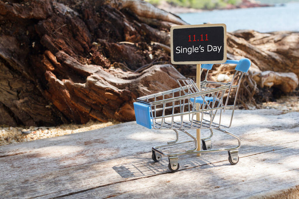 Compras on-line da China, 11.11 conceito de venda de dia do single. O carrinho de compras e o texto 11.11 single 's day sale. - Foto, Imagem