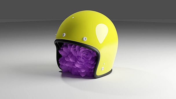 representación 3d, casco amarillo de la motocicleta sobre un fondo blanco,  - Foto, imagen