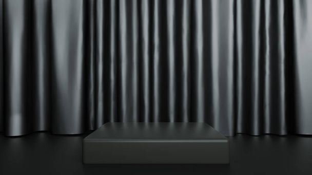 Pódium hátterében fekete fényes függönyök, függönyök, bemutató, 3D renderelés, 3D illusztráció - Fotó, kép