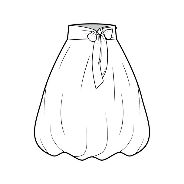 Skirt balloon technical fashion illustration with bow, below-the-knee length silhouette, wide stretch waistband.  - Vector, Image