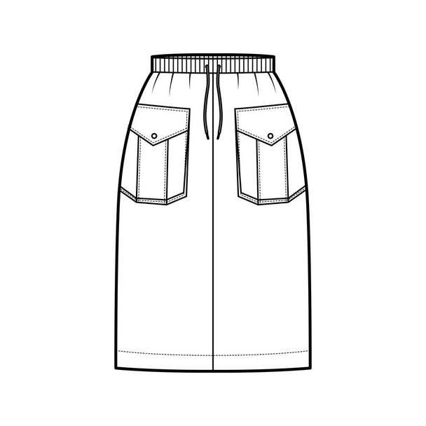 Rock Cargo technische Mode Illustration mit Knielänge, Taschen mit Patte, Stretch-Kordelzug Bund. Flach  - Vektor, Bild
