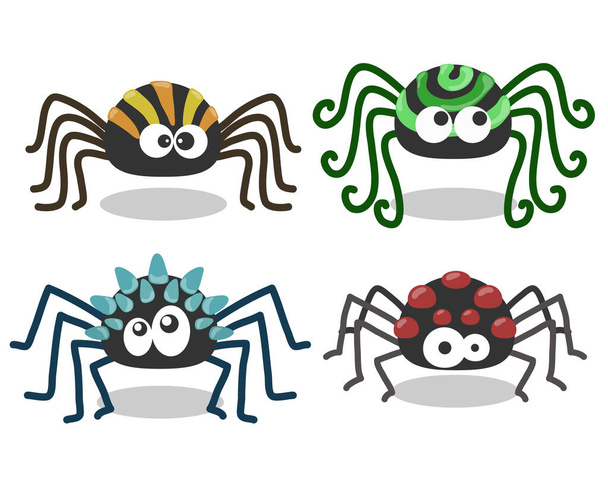 Conjunto de aranhas estranhas e coloridas isoladas em fundo branco. Aranhas coloridas desenho animado ilustração vetorial.  - Vetor, Imagem