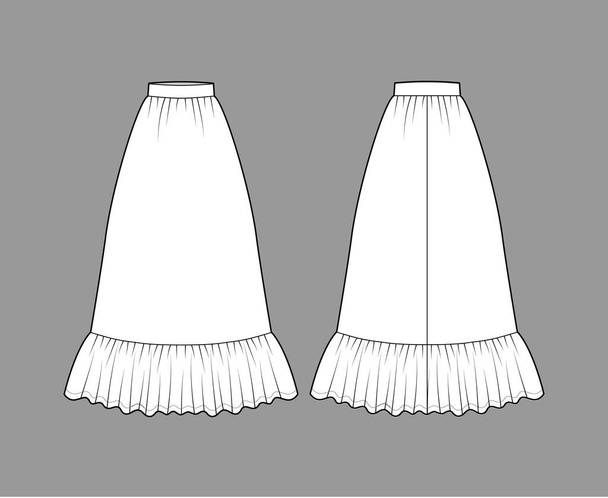 Falda pradera dirndl moda técnica ilustración con longitudes de tobillo de piso, plenitud semicircular, cintura gruesa - Vector, imagen
