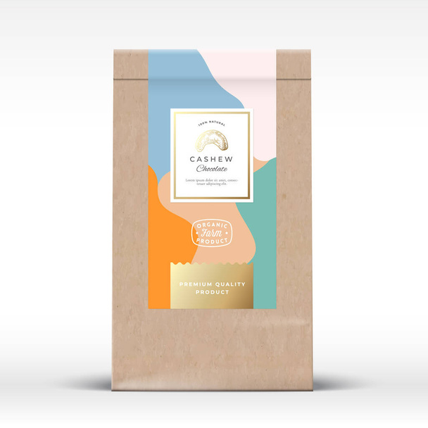 Craft Paper Bag with Cashew Chocolate Label. Abstract Vector Packaging Design Layout with Realistic Shadows. Modern Typography, Hand Drawn Nut Silhouette and Colorful Background. - Vektori, kuva
