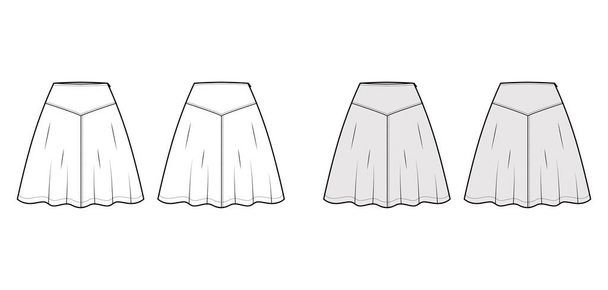 Ilustración de moda técnica yugo falda con silueta de longitudes por encima de la rodilla, plenitud semicircular. Fondo plano - Vector, Imagen