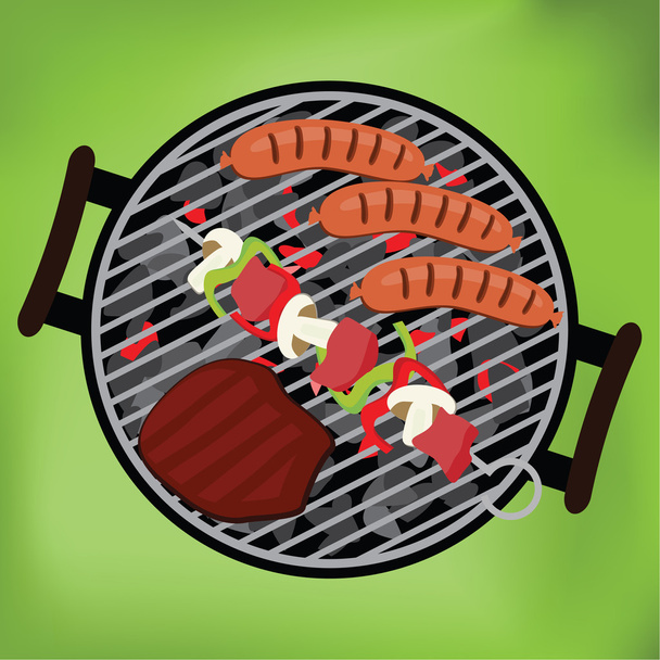 Grill mit Steak, Würstchen und Dönerspieß auf grünem Hintergrund, - Vektor, Bild