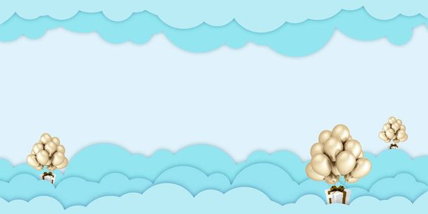 ilustração 3d papel arte balões flutuando no céu verde nuvens e caixas de presente no céu azul fundo para o Feliz Natal e Feliz Ano Novo Dia Aniversário Festival - Foto, Imagem