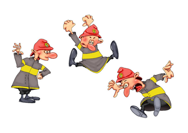 Firefighters in various funny poses. Illustration on white background.. - Photo, Image