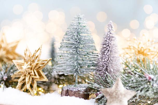 Christmas background with tree and blurred shiny lights. - Photo, Image