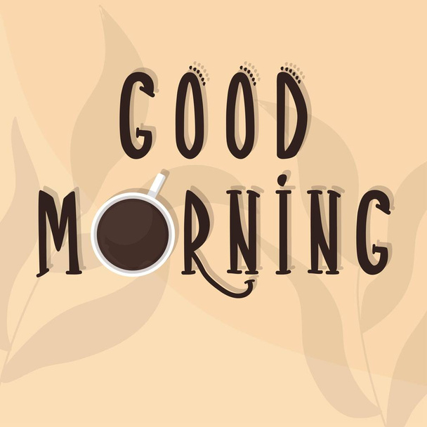 Bannière vectorielle, composition, affiche avec texte positif Bonjour et tasse de café vue du dessus sur fond nu abstrait.  - Vecteur, image
