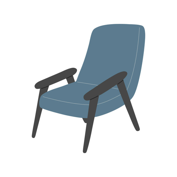Синє крісло, ретро-зал для сучасної квартири в скандинавському стилі. Рука малювала хтиве крісло для стильного домашнього оздоблення. Векторний малюнок у пласкому стилі, ізольований на білому тлі.  - Вектор, зображення