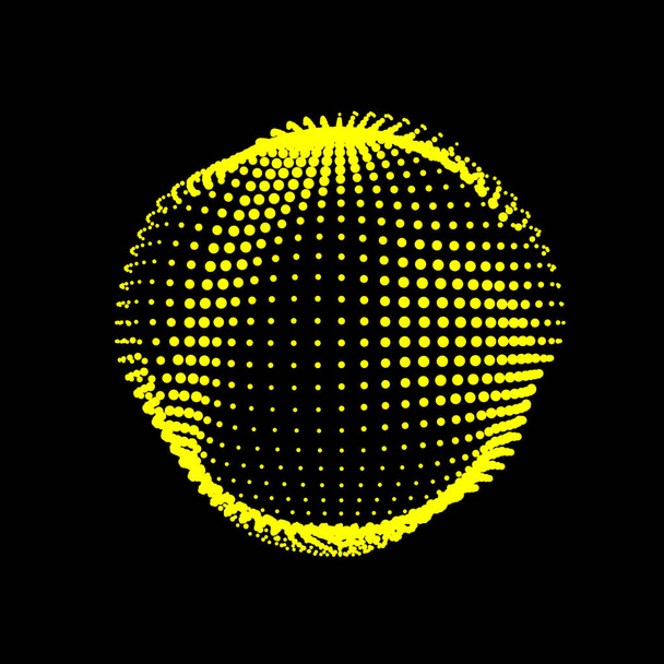Una esfera deformada y desinflada formada por un mar de puntos. Una esfera de desequilibrio inestable, iridiscente con deformaciones lisas abstractas. Forma vectorial para un logotipo extraordinario. - Vector, imagen
