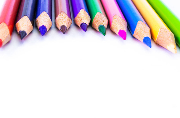Crayons - colored pencil, Color pencils, Close up macro shot of color pencil pile pencil nibs, used pencils from a school art room. school stationary, back to school - Photo, Image