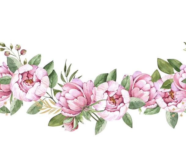 seamless ornament of delicate pink flowers peonies watercolor illustration on a white background. hand painted for wedding invitations, decor and design - 写真・画像