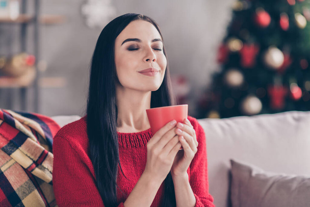 Photo of young charming girl sit sofa hold mug eyes closed enjoy aroma wear red pullover in decorated living room indoors - Fotografie, Obrázek