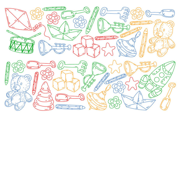 Icons for little boys and girls. Hand drawn children drawings pattern. Kindergarten toys background. Vector illustration. - Vetor, Imagem