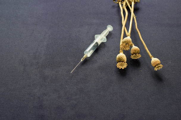 Cápsulas de sementes de papoula e uma seringa descartável sobre um fundo preto. - Foto, Imagem
