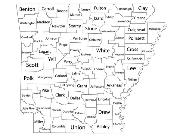 White Outline Counties Map mit den Namen der Counties des US-Bundesstaates Arkansas - Vektor, Bild