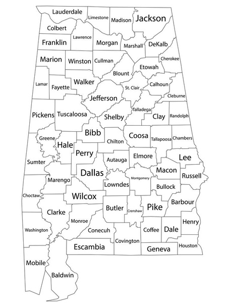 White Outline Counties Map With Counties Names of US State of Alabama - Vector, Image
