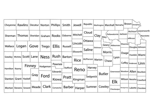 Mapa branco dos condados do esboço com nomes dos condados do estado de Kansas dos E.U. - Vetor, Imagem