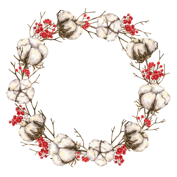 Floral frame with watercolor cotton, branches, red berries. Hand drawn illustration is isolated on white. Winter wreath is perfect for boho design, christmas card, poster, logo, wedding invitation - Foto, Imagem