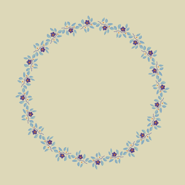 Floral wreath, branches with leaves and purple flowers on light grey - Διάνυσμα, εικόνα