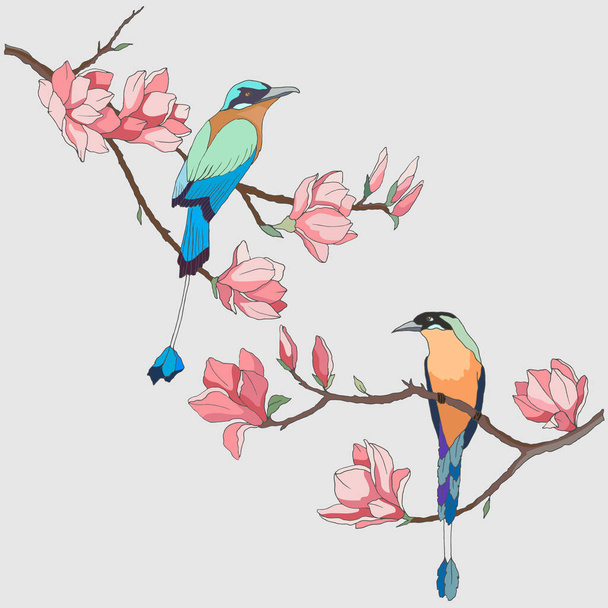 マグノリアの花のある枝に明るい色で描かれた鳥は白い背景に隔離されています - ベクター画像