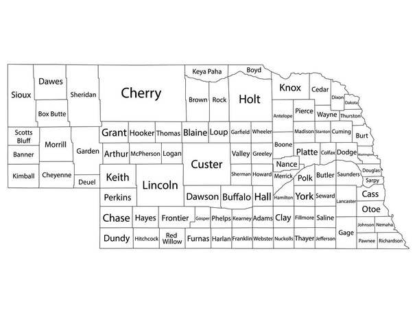 Mapa de condados con condados Nombres del Estado de Nebraska - Vector, Imagen