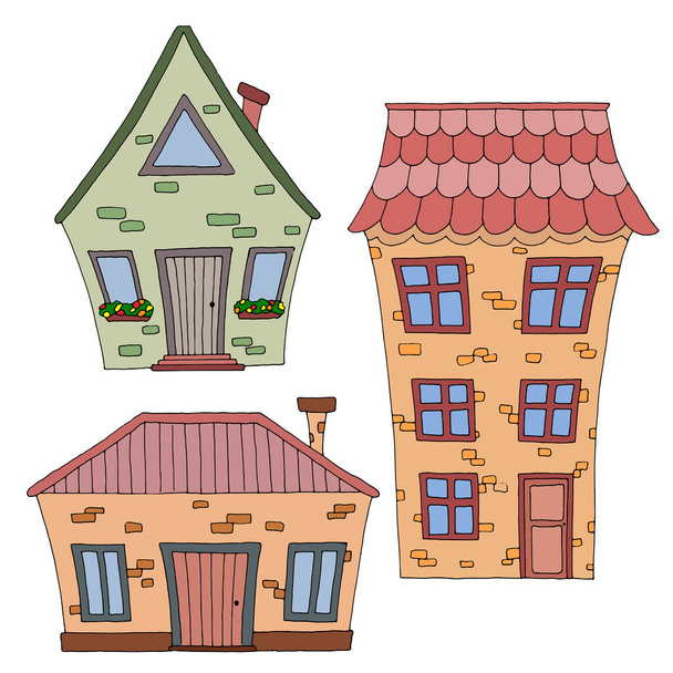 παραμυθένια σπίτια σε παστέλ χρώματα, σετ σχεδίων, απομονωμένα σε λευκό φόντο - Διάνυσμα, εικόνα