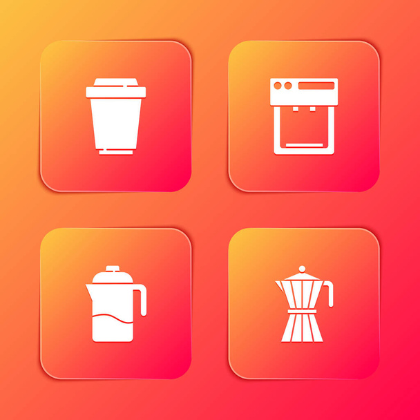 Set Coffee cup to go, machine, French press and moca pot icon. Vector. - Vector, Image