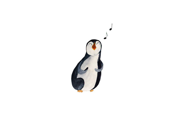 O pinguim gordo canta, aquarela e acolhedor.  - Foto, Imagem