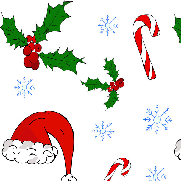 Διάνυσμα μοτίβο των Χριστουγέννων και της νέας χρονιάς, νιφάδες χιονιού, Holly, Σάντα καπέλο και γλειφιτζούρι.  - Διάνυσμα, εικόνα