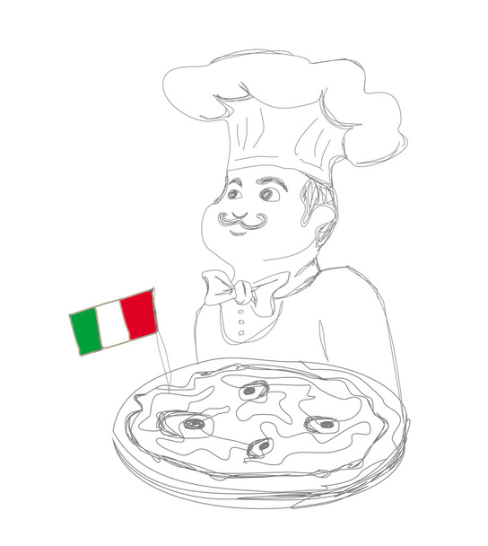 Koch mit Pizza und italienischer Flagge - Doodle - Vektor, Bild
