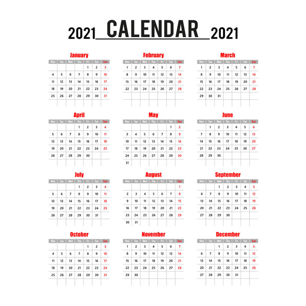 Простий календарний присадок для 2021 року англійською мовою. Тиждень починається з понеділка. Населення - 2021 ос. Візуальне зображення, ізольовані об'єкти. - Вектор, зображення