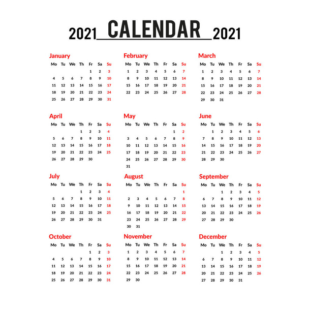 Απλό ημερολόγιο Διάταξη για 2021 χρόνια στην αγγλική γλώσσα. Η εβδομάδα αρχίζει από τη Δευτέρα. Στοιχεία Grids 2021. Εικονογράφηση διάνυσμα, μεμονωμένα αντικείμενα. - Διάνυσμα, εικόνα