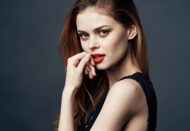 Portrait of beautiful woman with red lips makeup model gray background - Φωτογραφία, εικόνα